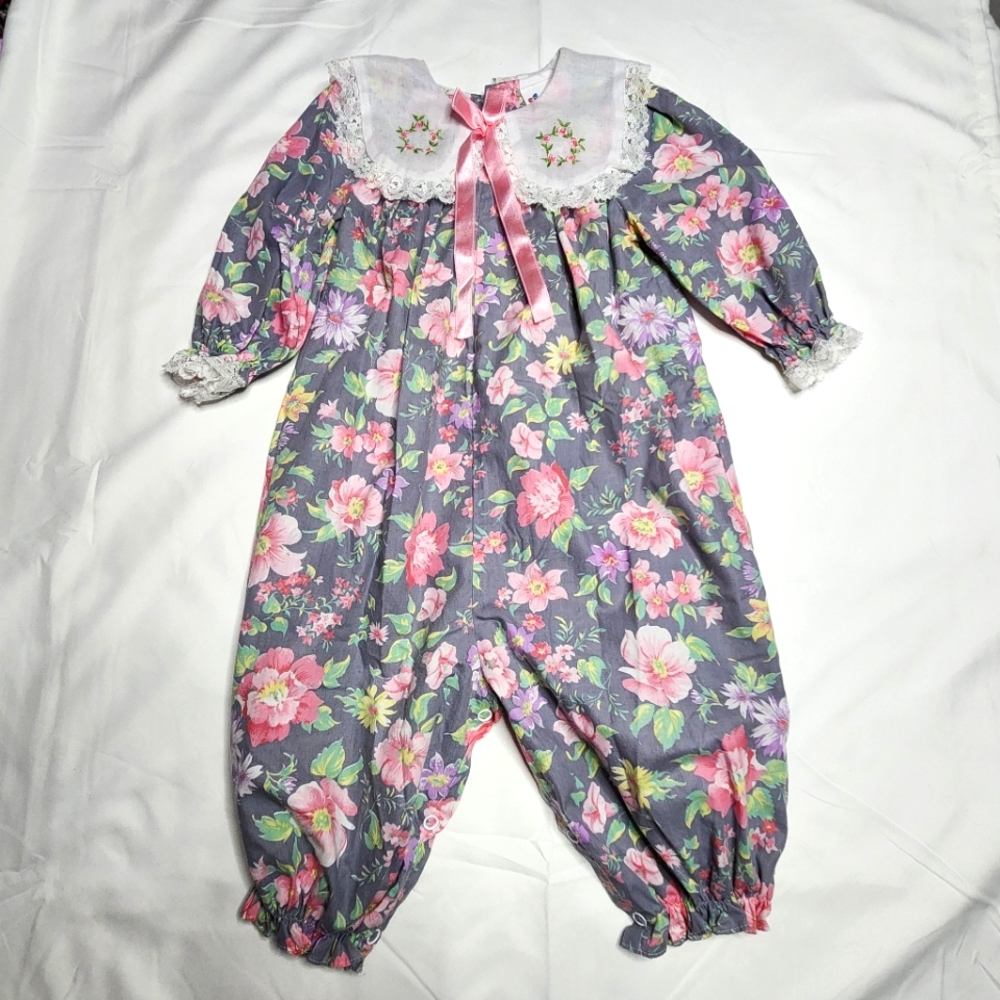 Vintage Cradle Togs Blue Floral Bodysuit w/ Lace Bib Collar | Baby Size 18 Month
